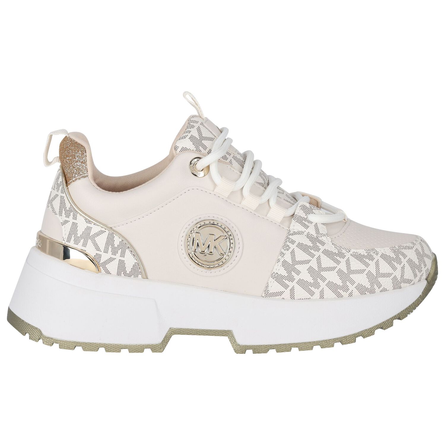 Girls Ivory & Gold Logo Trainers, 1, hi-res