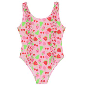 Girls Pink Fruits Ruffled Swimsuit