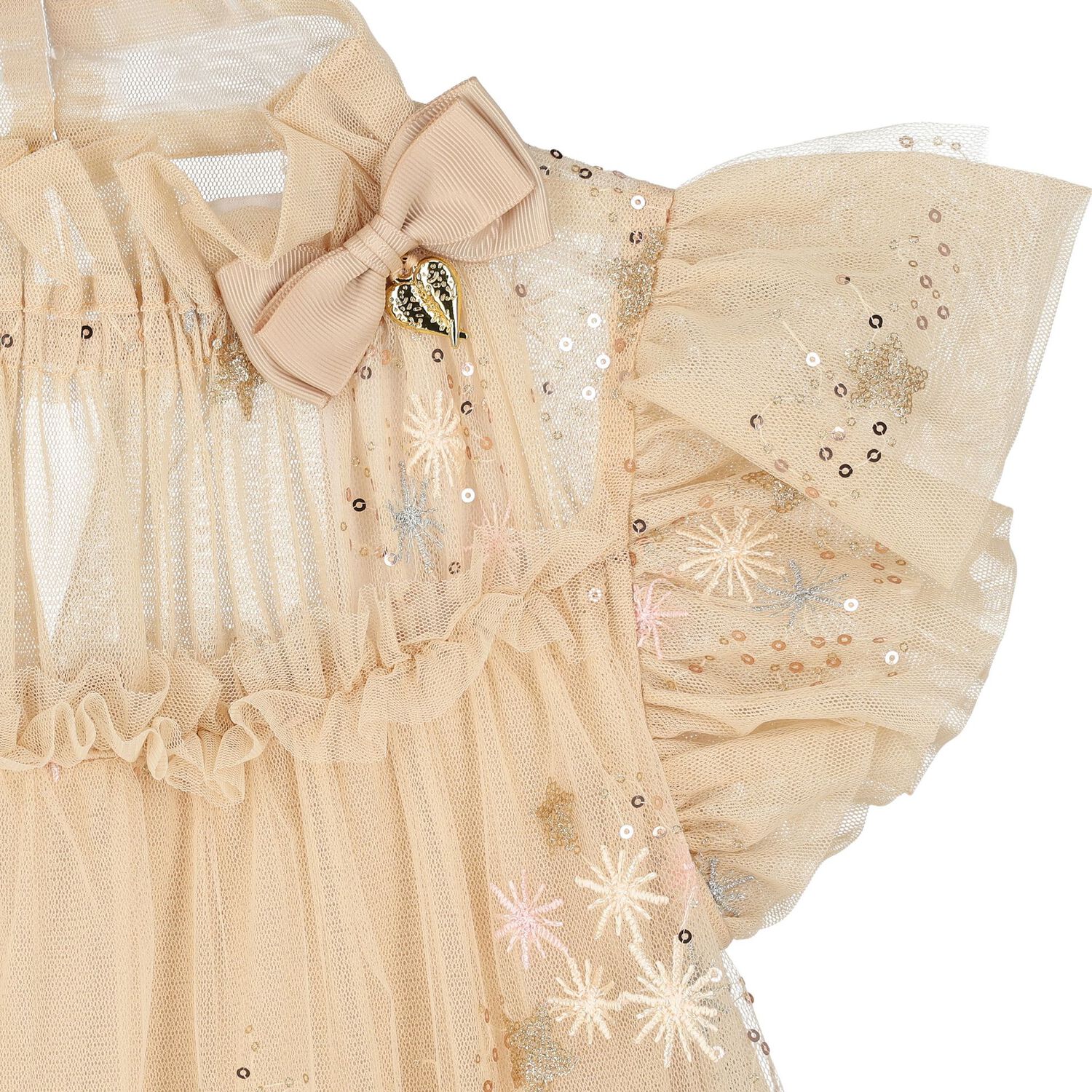 Girls Beige & Gold Tulle Dress, 1, hi-res