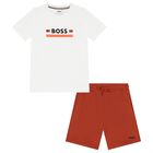 Boys White & Orange Logo Shorts Set, 1, hi-res