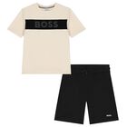 Boys Beige  & Black Logo Shorts Set, 2, hi-res