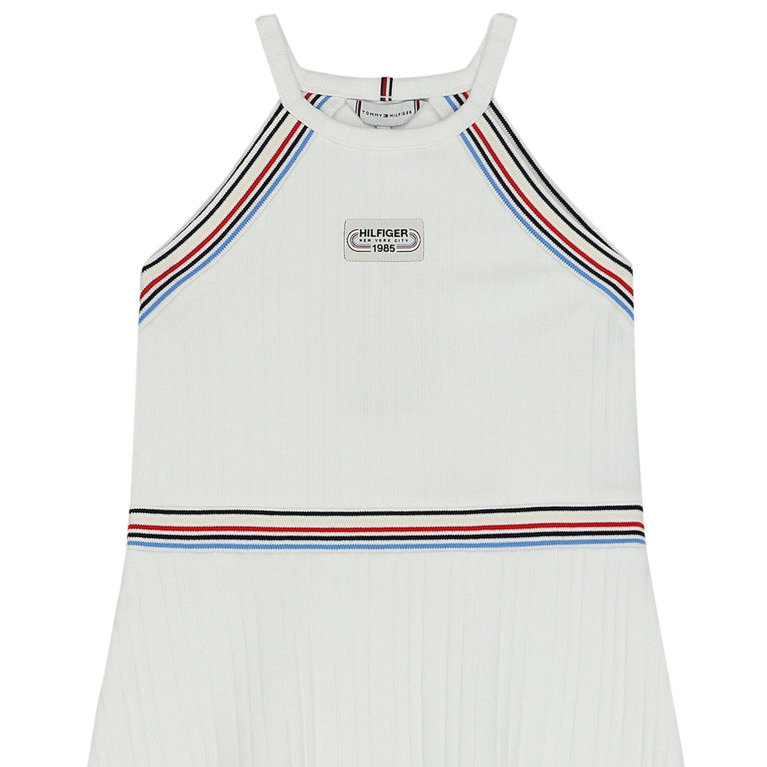 Girls White Logo Striped Dress, 1, hi-res