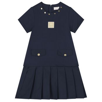 Girls Navy Blue Logo Pleated Dress