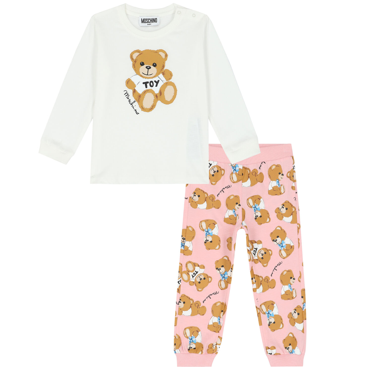 Ivory & Pink Teddy Logo Trousers Set, 2, hi-res