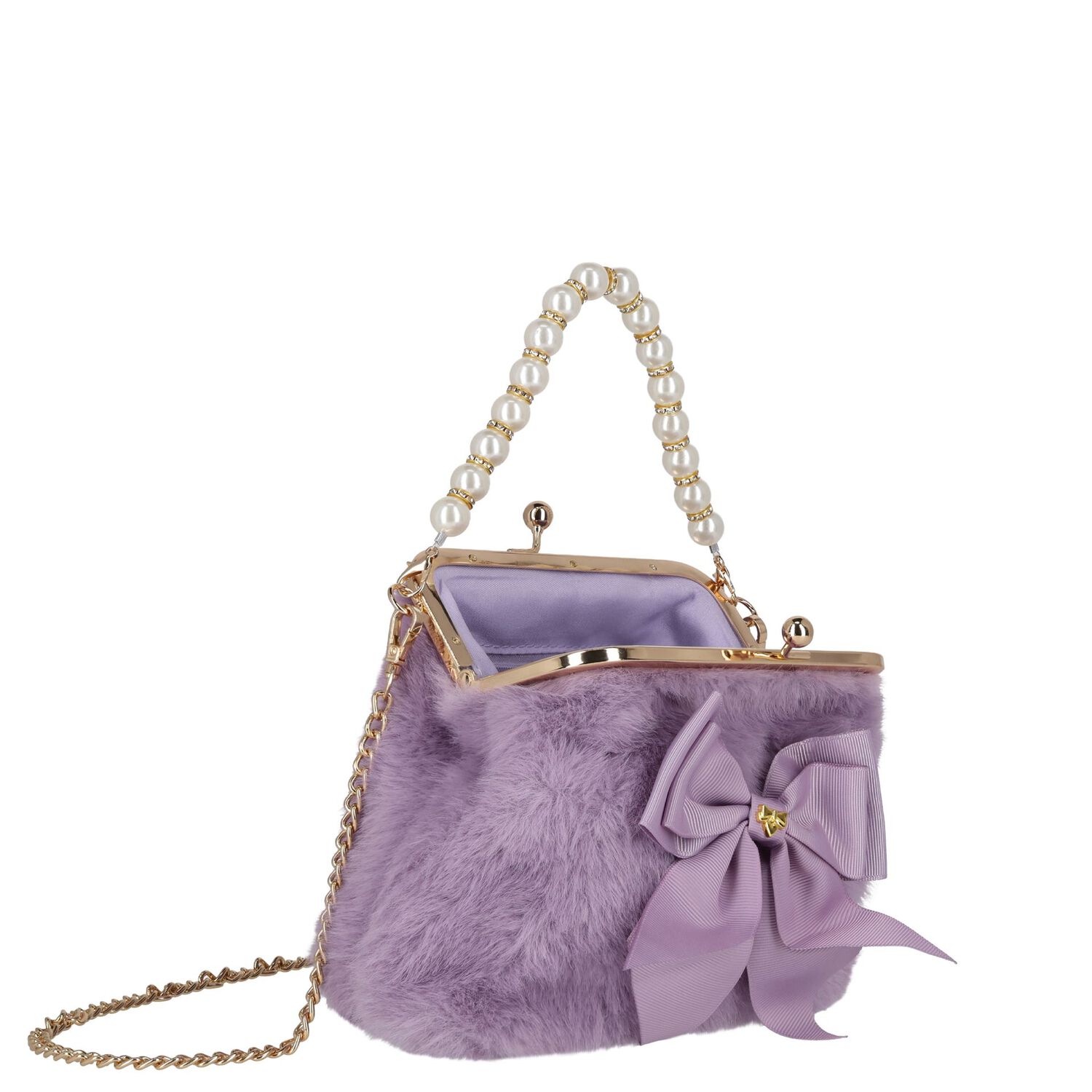 Girls Lilac Faux Fur Handbag, 2, hi-res