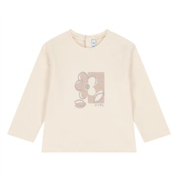 Younger Girls Beige Flower Long Sleeve Top