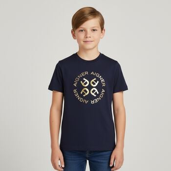 Boys Navy Blue & Gold Logo T-Shirt