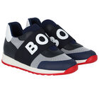 Boys Navy & White Logo Trainers, 1, hi-res