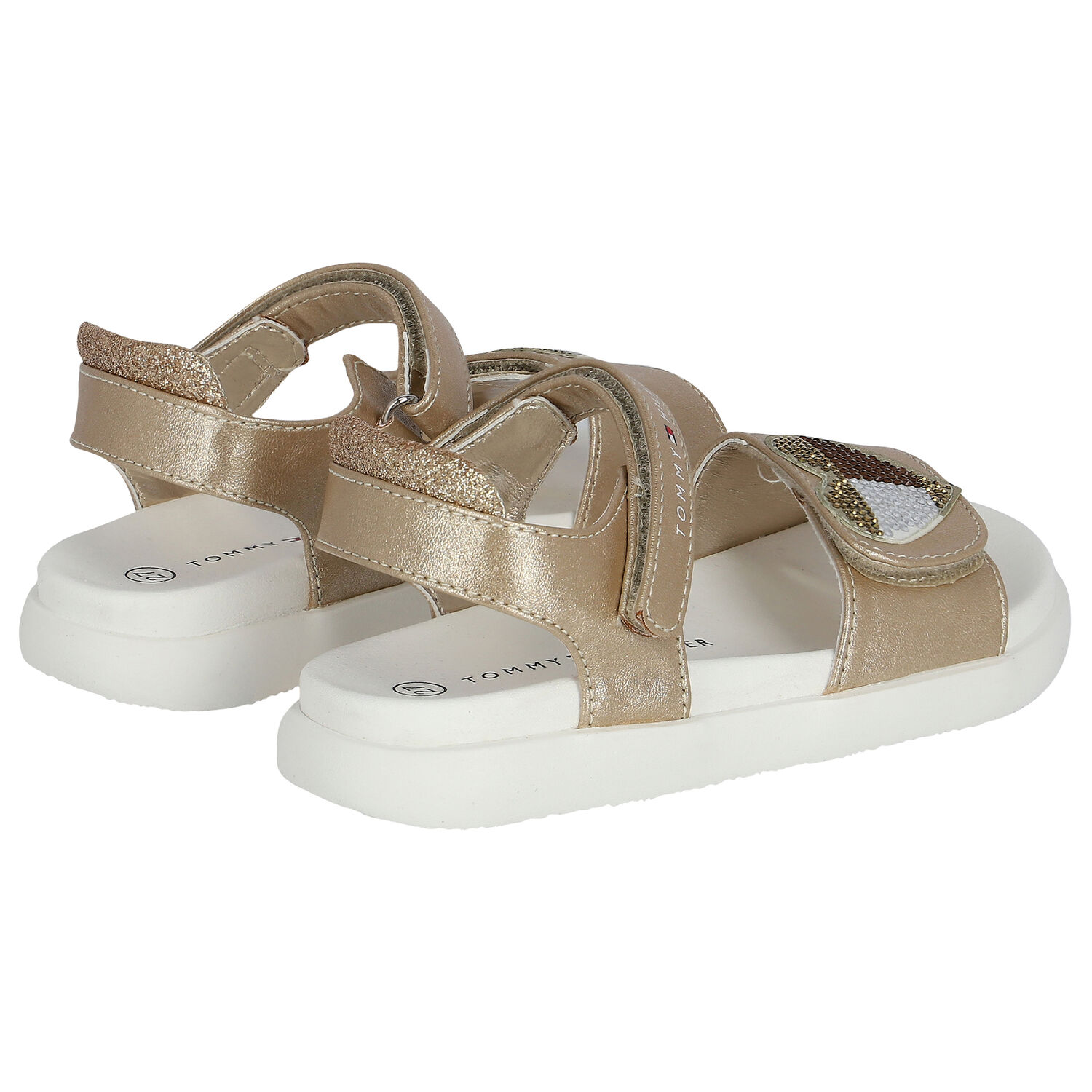 Girls Gold & White Heart Sandals, 2, hi-res