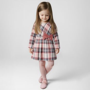 Girls Pink & Ivory Bow Checked Dress