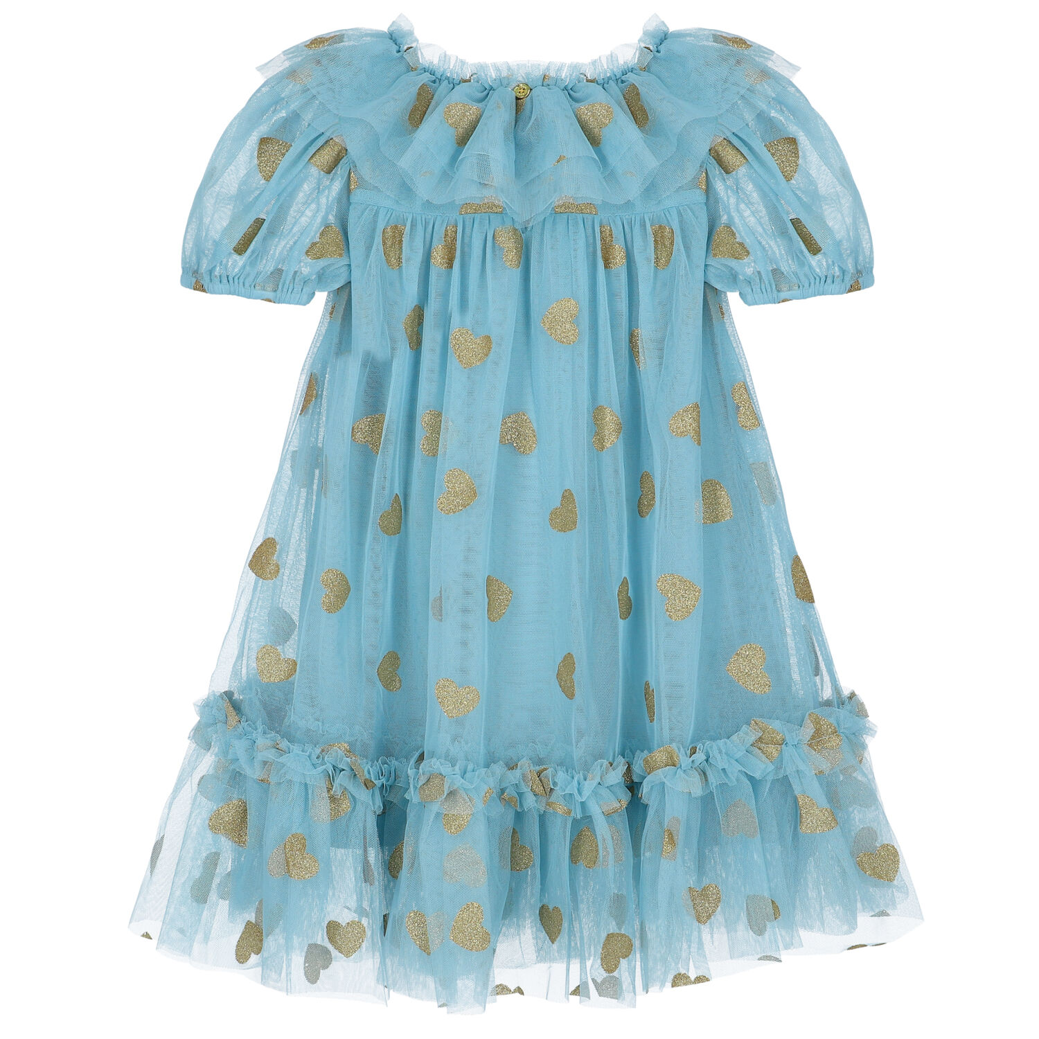 Girls Blue & Gold Hearts Dress, 1, hi-res