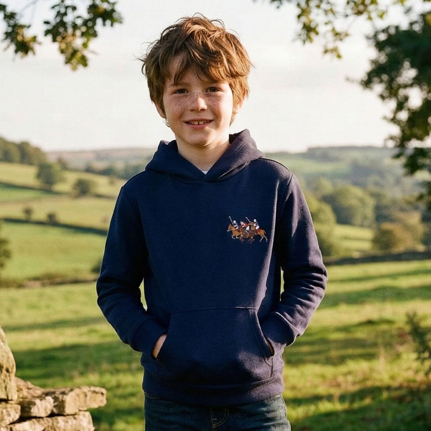 Boys Navy Blue Logo Hooded Top, 1, hi-res