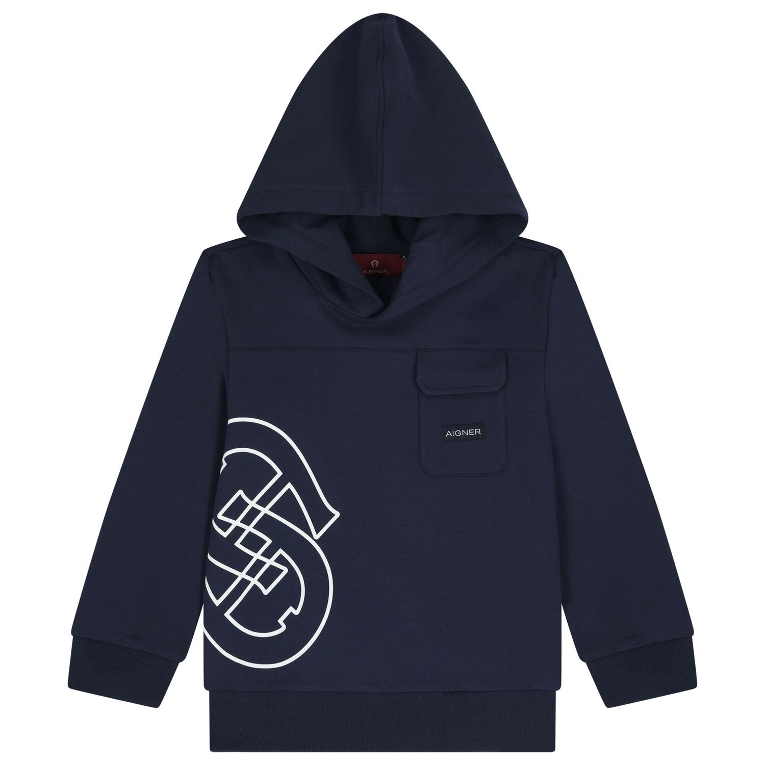 Boys Navy Blue Logo Hooded Top, 1, hi-res