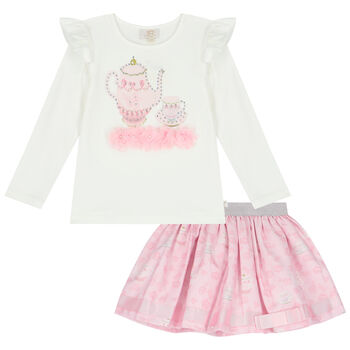 Girls Ivory & Pink Embellished Skirt Set