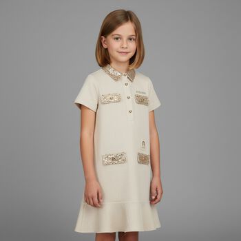Girls Beige & Gold Logo Polo Dress
