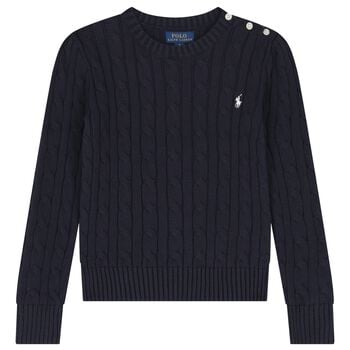 Girls Navy Blue Logo Cable Knit Jumper