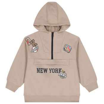 Boys Beige Logo Hooded Zip Up Top