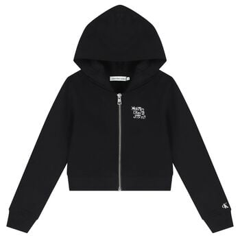 Girls Black Logo Hooded Zip Up Top