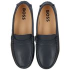 Boys Navy Blue Logo Moccasins, 2, hi-res