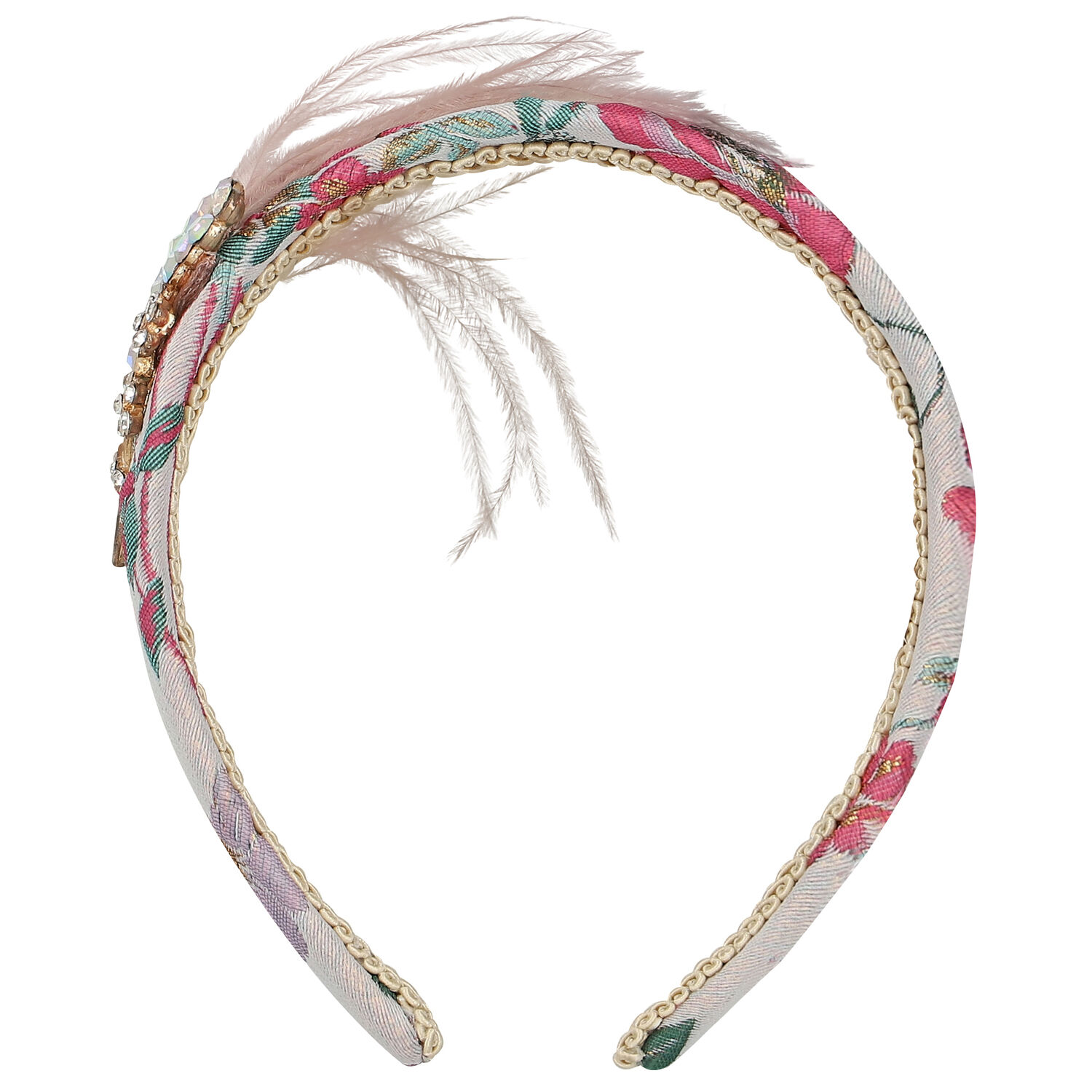 Pink Jacquard Headband with Pink Feathers, 1, hi-res