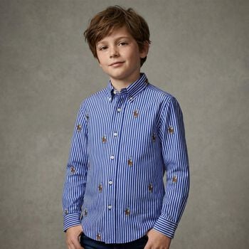 Boys Blue & White Stripe Logo Shirt