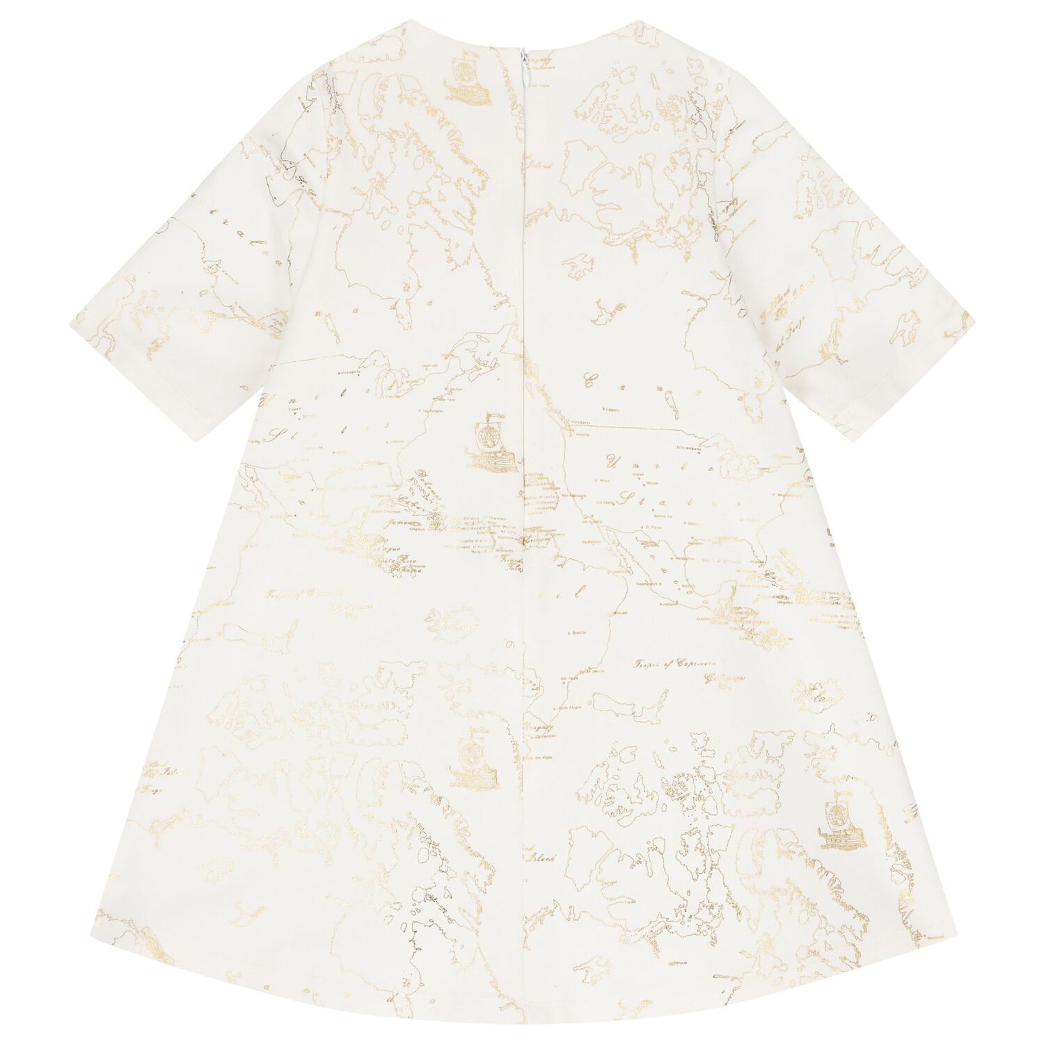 Girls White & Gold Geo Map Dress, 1, hi-res