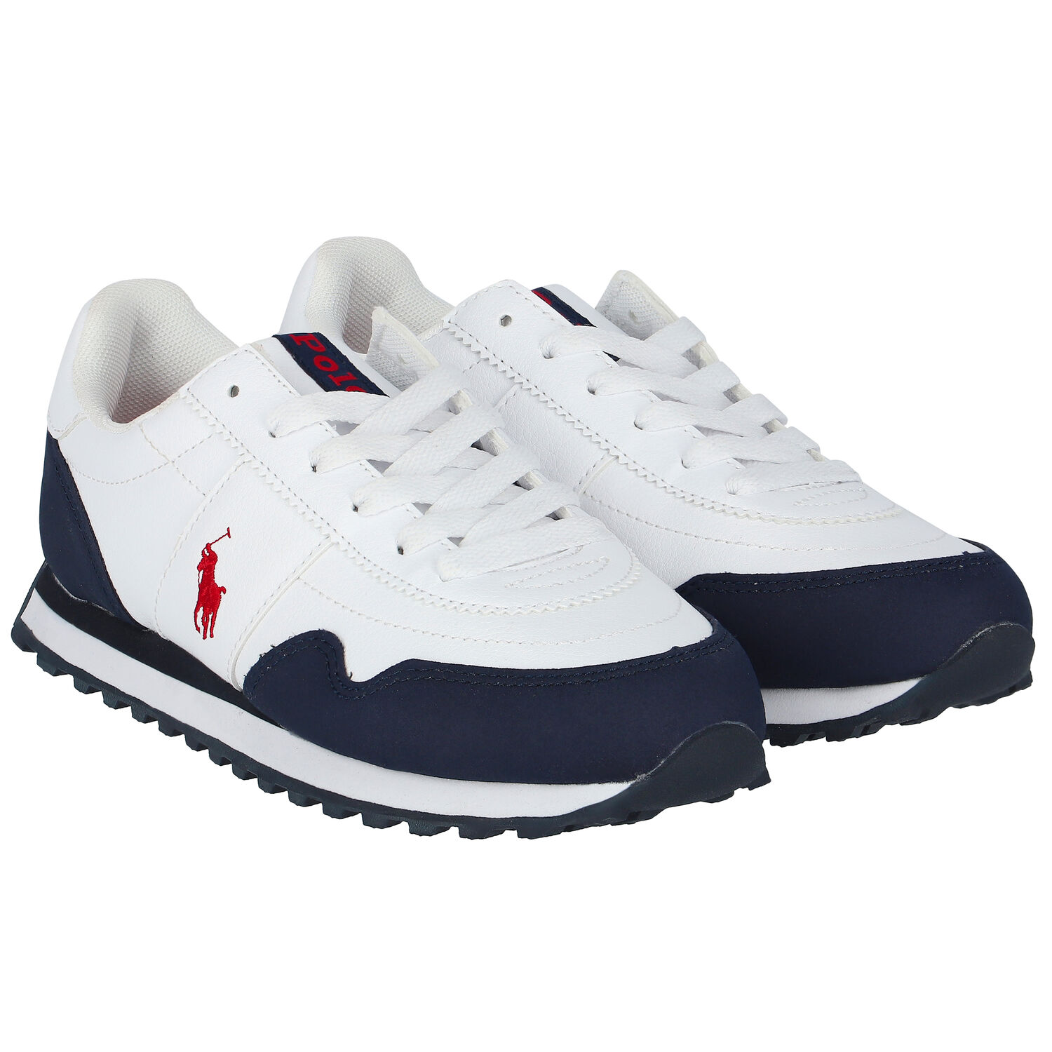 Boys White & Navy Logo Trainers, 1, hi-res