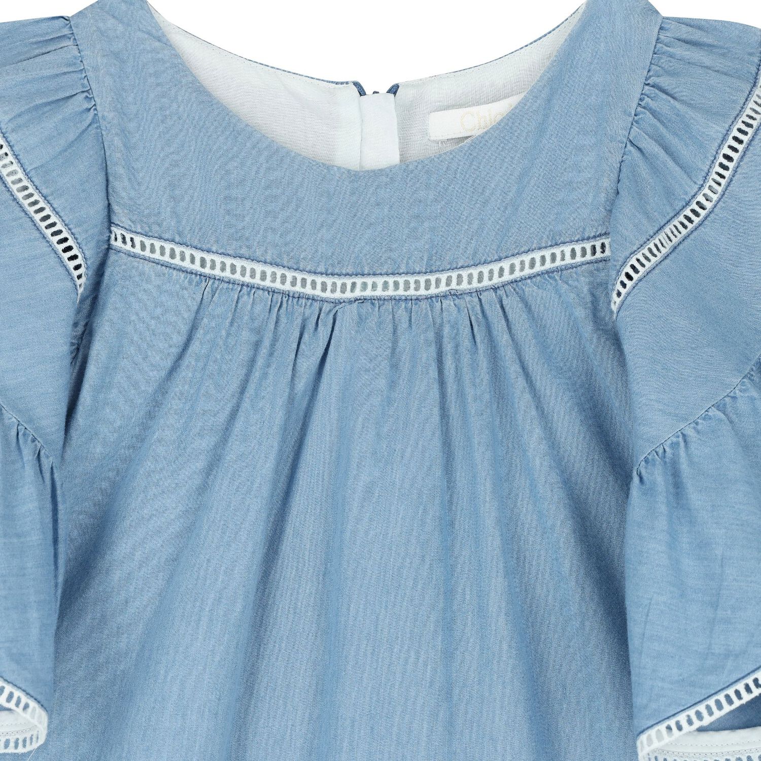 Girls Denim Blue Ruffled Dress, 1, hi-res