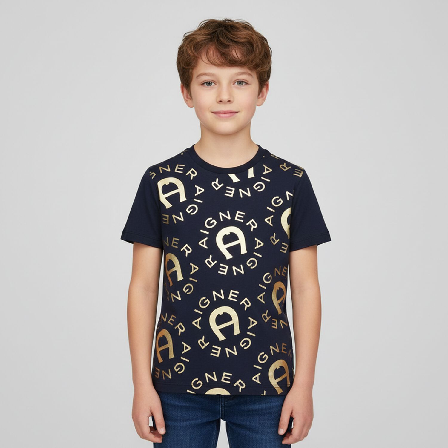 Boys Navy Blue & Gold Logo T-Shirt, 2, hi-res