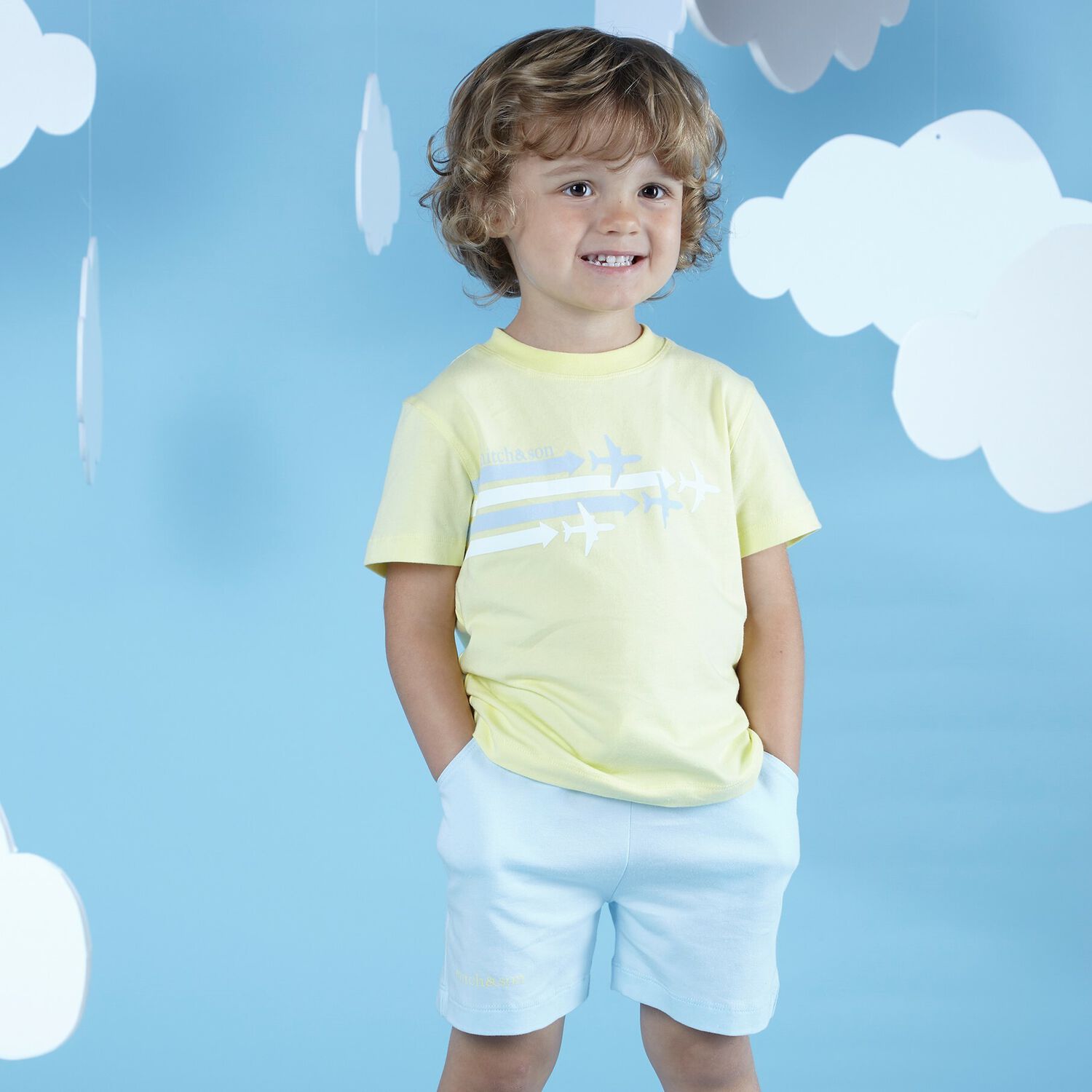 Boys Yellow & Blue Logo Short Set, 1, hi-res