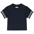 Girls Navy Blue Logo Ribbed T-Shirt, 1, hi-res