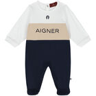Baby Boys White, Beige & Navy Blue Logo Babygrow Set, 1, hi-res
