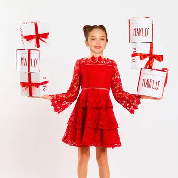 Girls Red Foral Lace Dress 