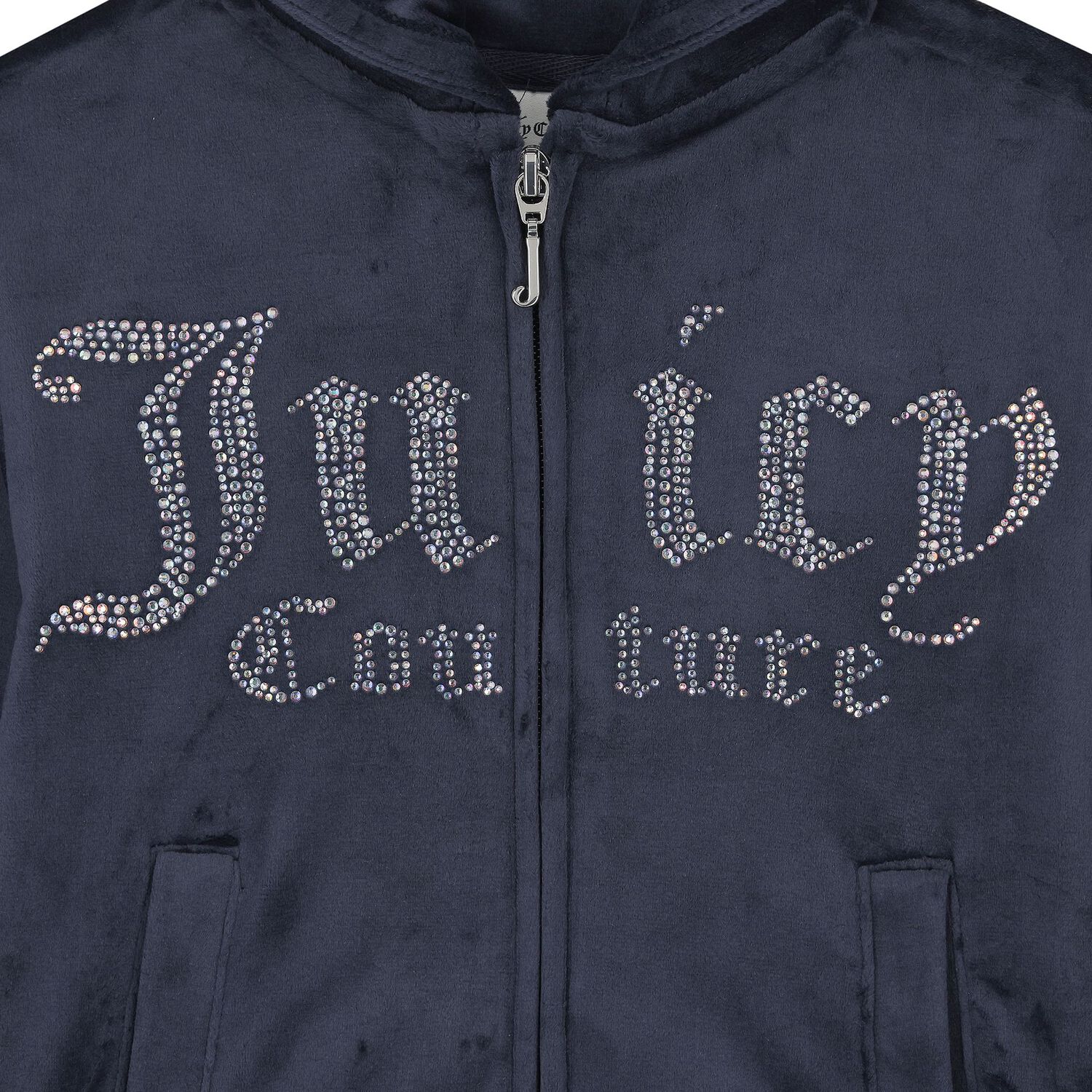 Girls Navy Blue Crystal Embellished Diamant&eacute; Logo Hooded Zip Up Top, 1, hi-res