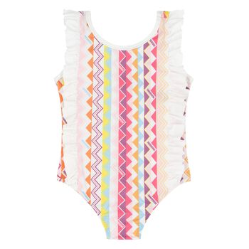 Younger Girls White & Pink Zig Zag Swimsuit