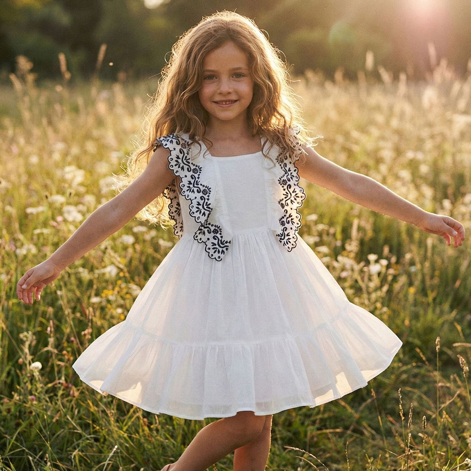 Girls White & Navy Blue Embroidered Ruffles Dress, 1, hi-res