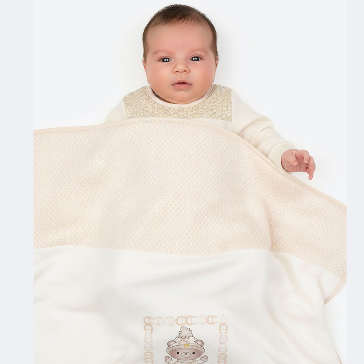 White & Beige Teddy Bear Logo Baby Blanket, 1, hi-res