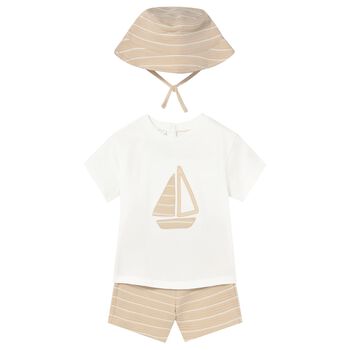 Younger Boys White & Beige Shorts Set