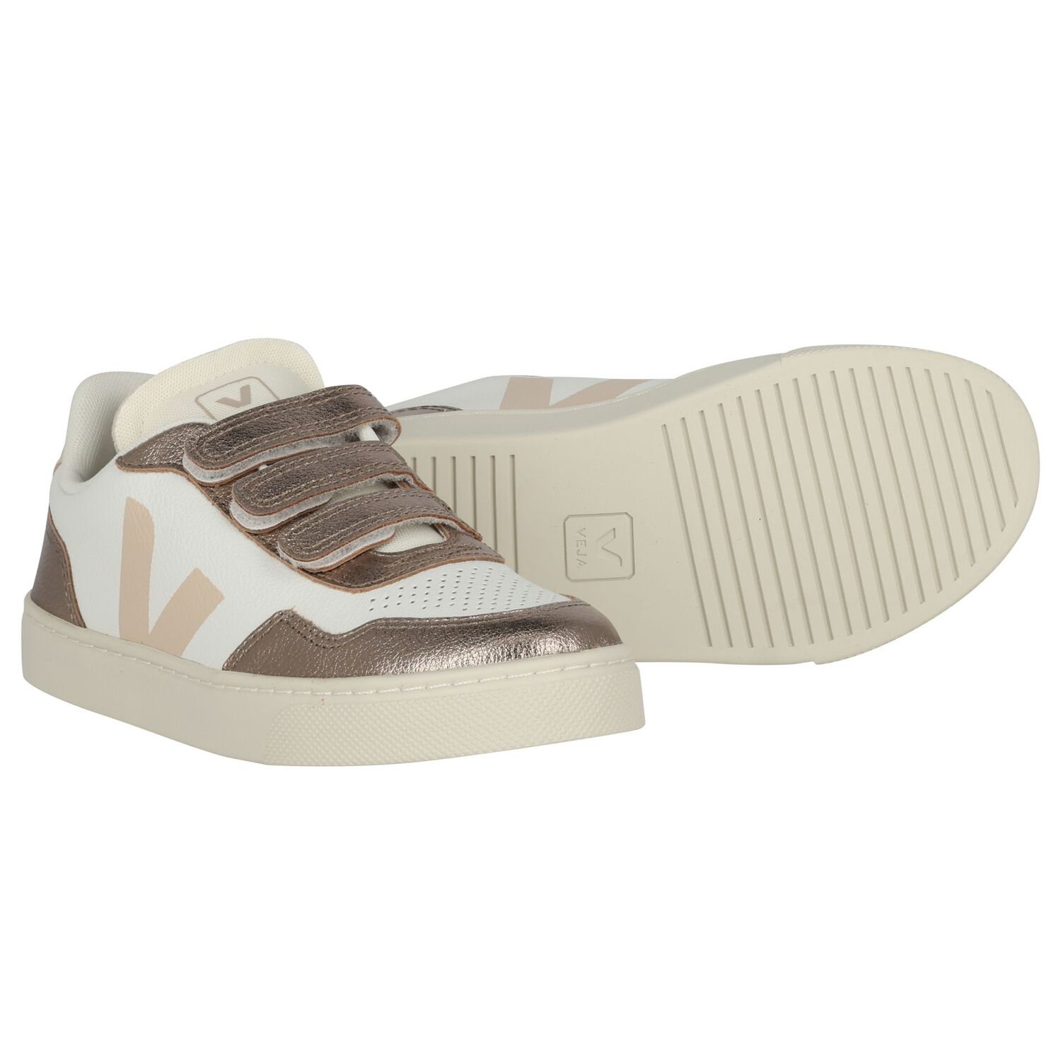 Girls White & Gold Leather Trainers , 1, hi-res