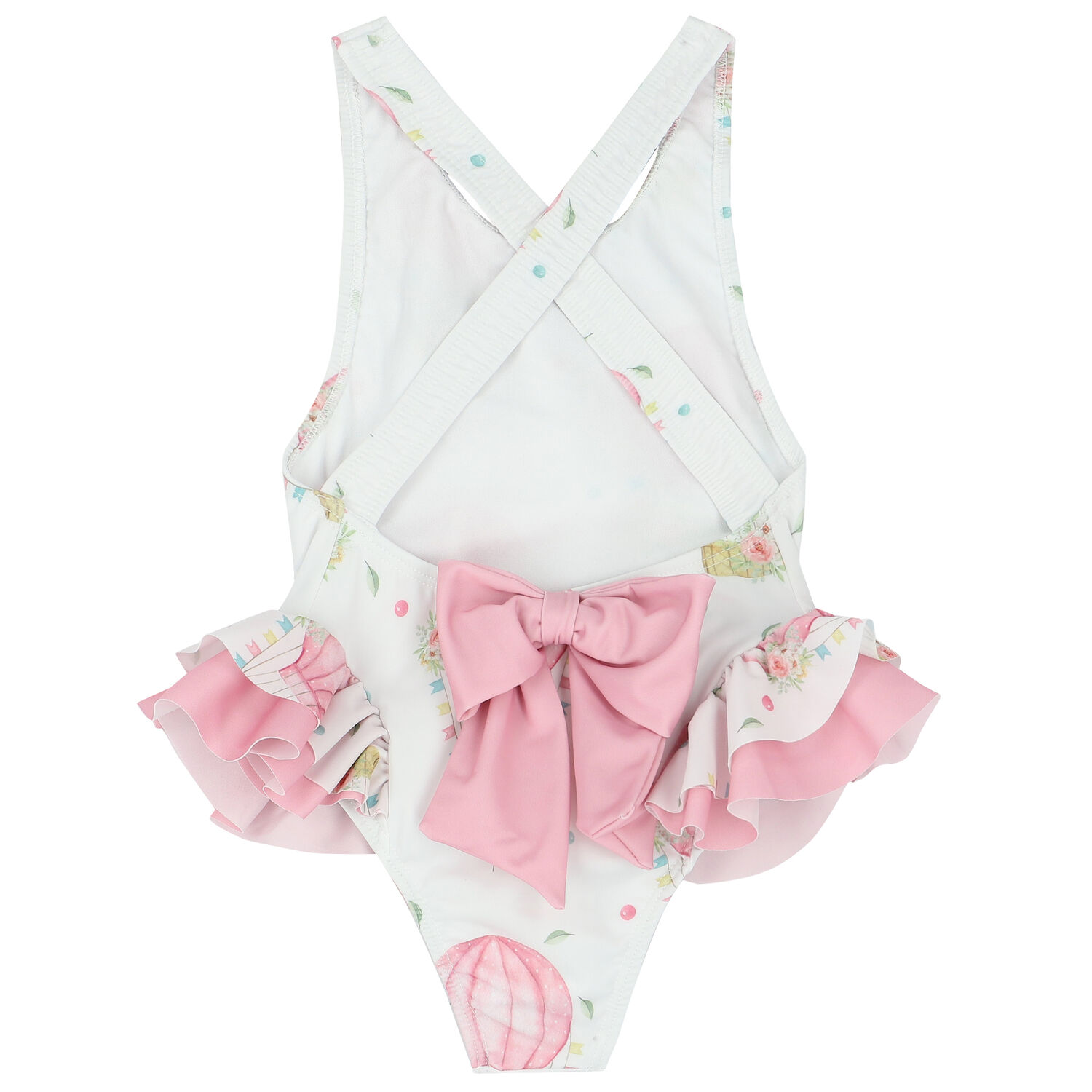 Girls White & Pink Balloons Swimsuit, 2, hi-res