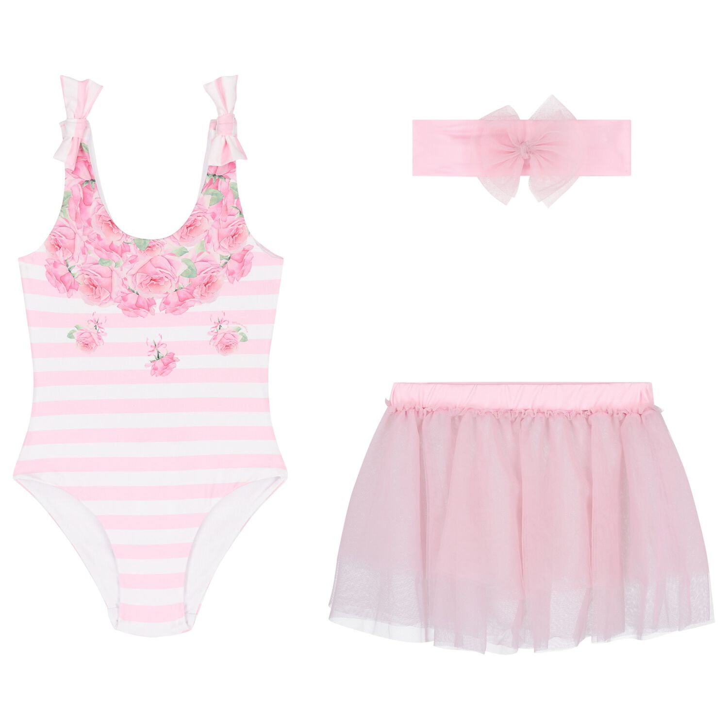 Younger Girls Pink Rose Tulle Swimsuit Set, 1, hi-res