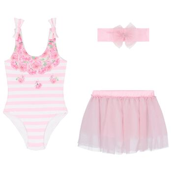 Younger Girls Pink Rose Tulle Swimsuit Set