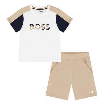 Younger Boys White & Beige Logo Shorts Set