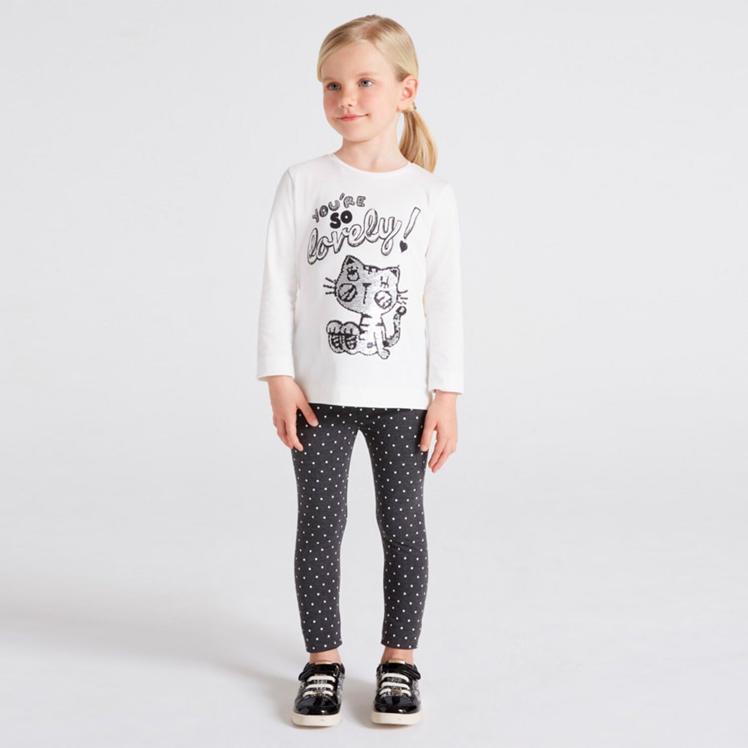 Girls White & Black Cat Leggings Set, 1, hi-res