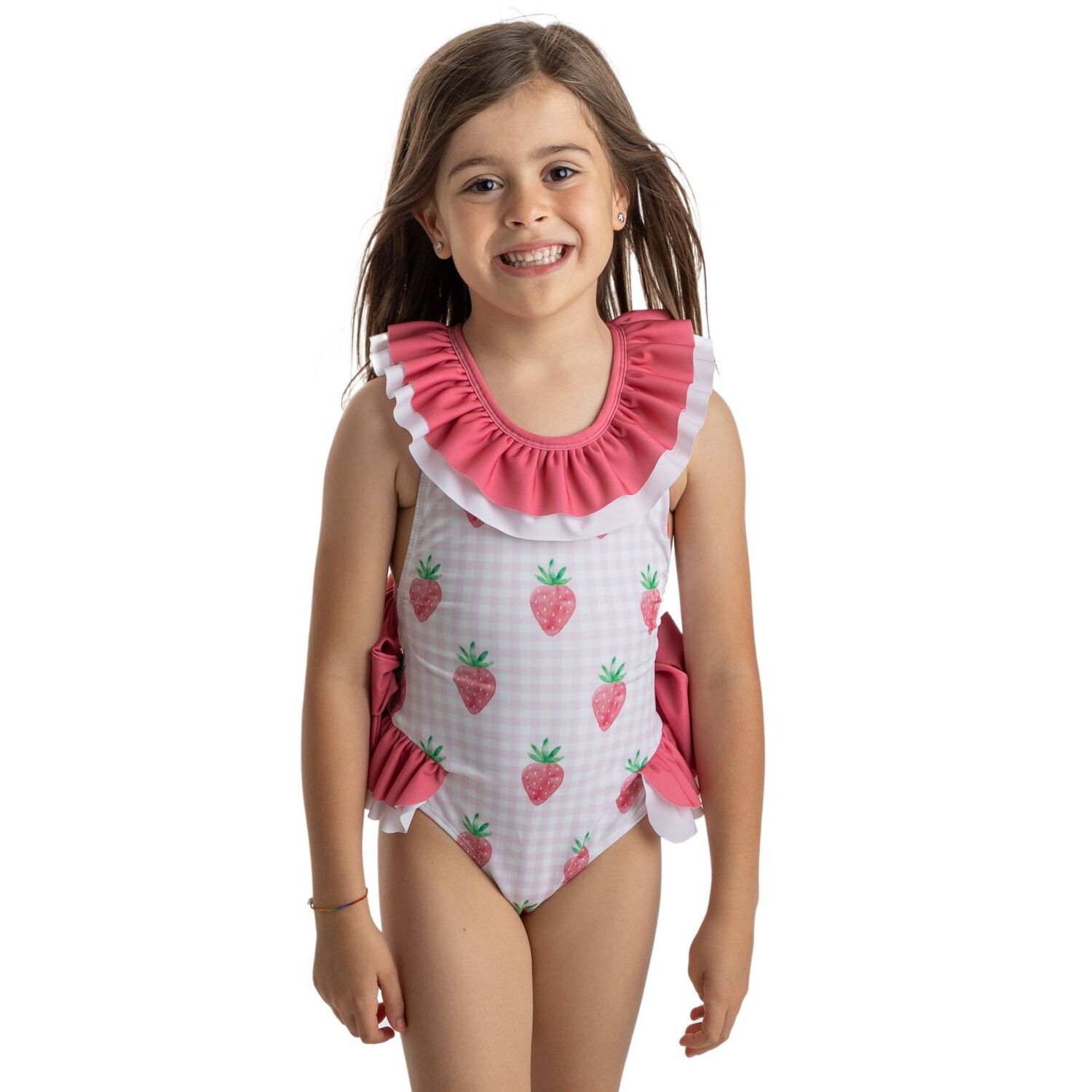 Girls White & Pink Gingham Strawberries Swimsuit, 2, hi-res