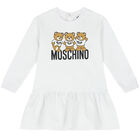 Younger Girls White Teddy Bear Logo Dress, 3, hi-res