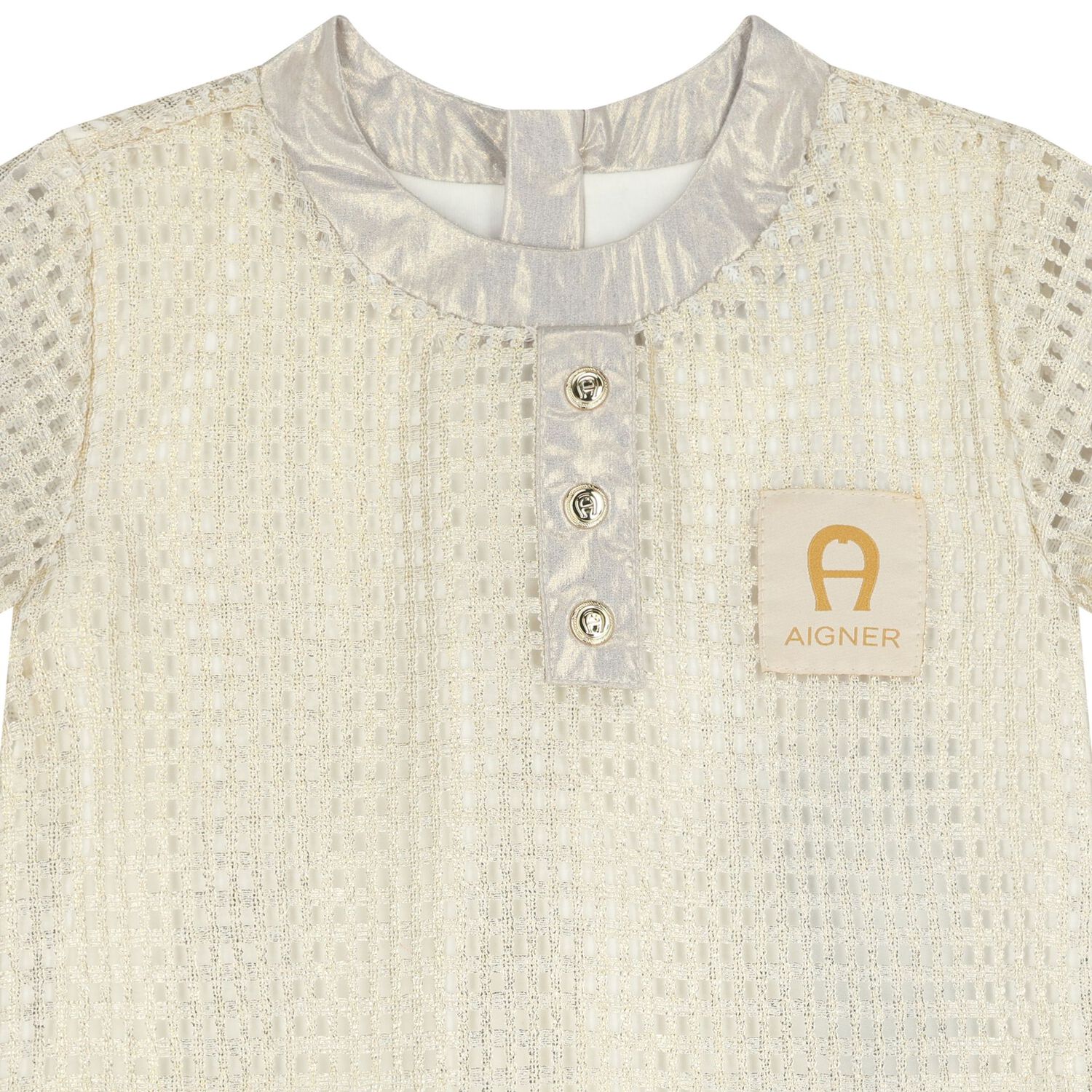 Younger Girls Ivory & Gold Logo Dress, 1, hi-res