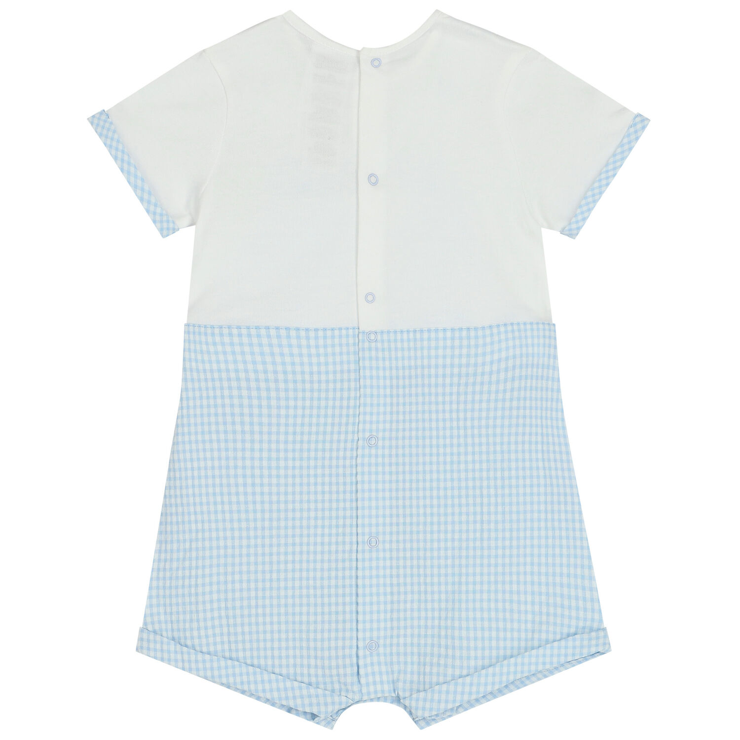 Baby Boys Blue & White Gingham Dungaree Romper, 1, hi-res