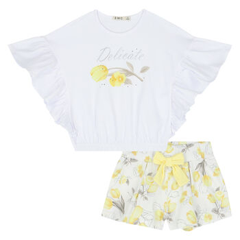 Girls White & Yellow Floral Shorts Set