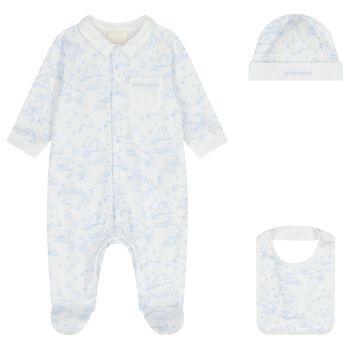 Baby Boys White & Blue Toile De Jouy Babygrow Gift Set